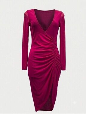 Bebe Wine Mesh Ruched Bodycon Midi‎ Dress Long Sleeve V Neck Sheer